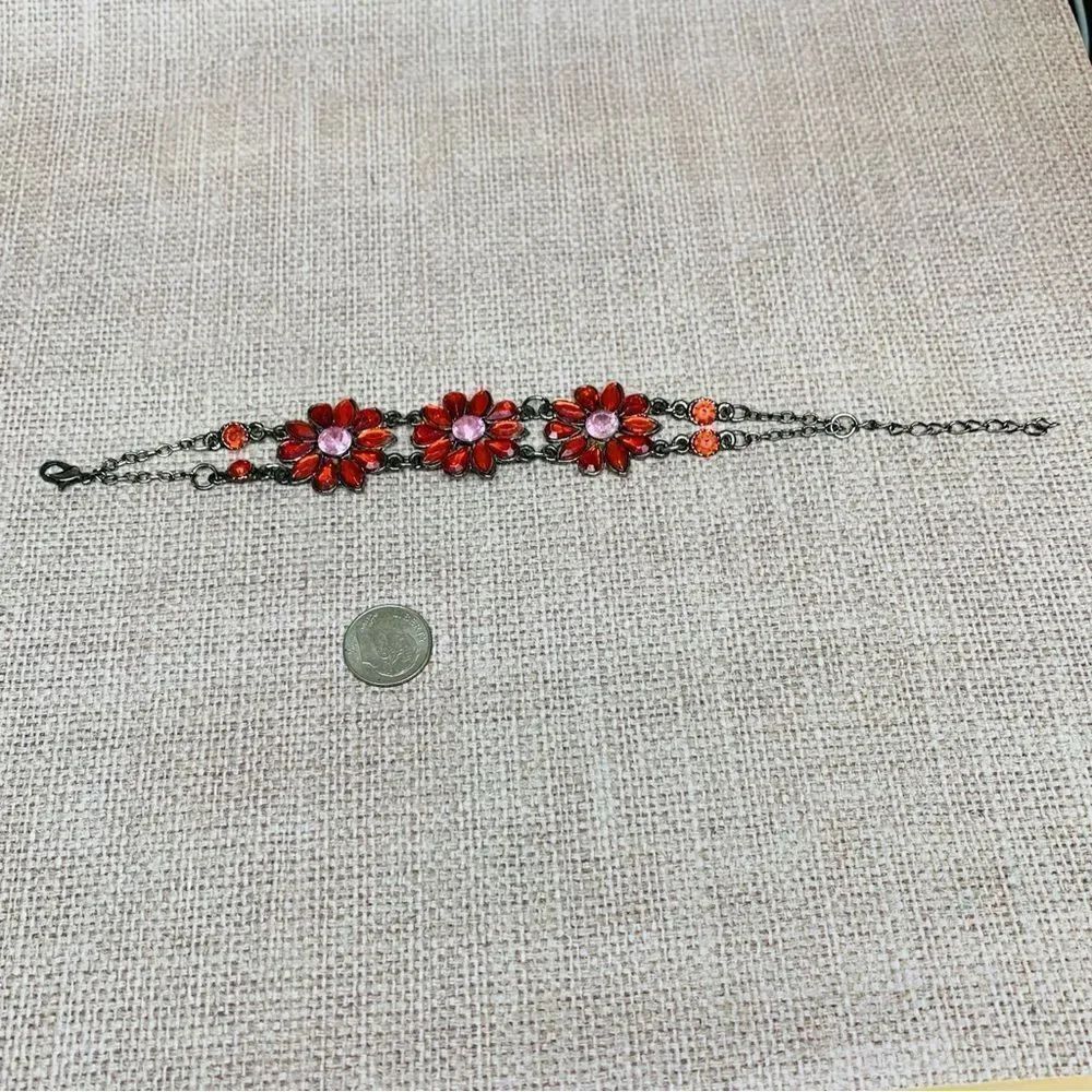 Gunmetal Red Crystal Double Strand Flower Bracelet‎